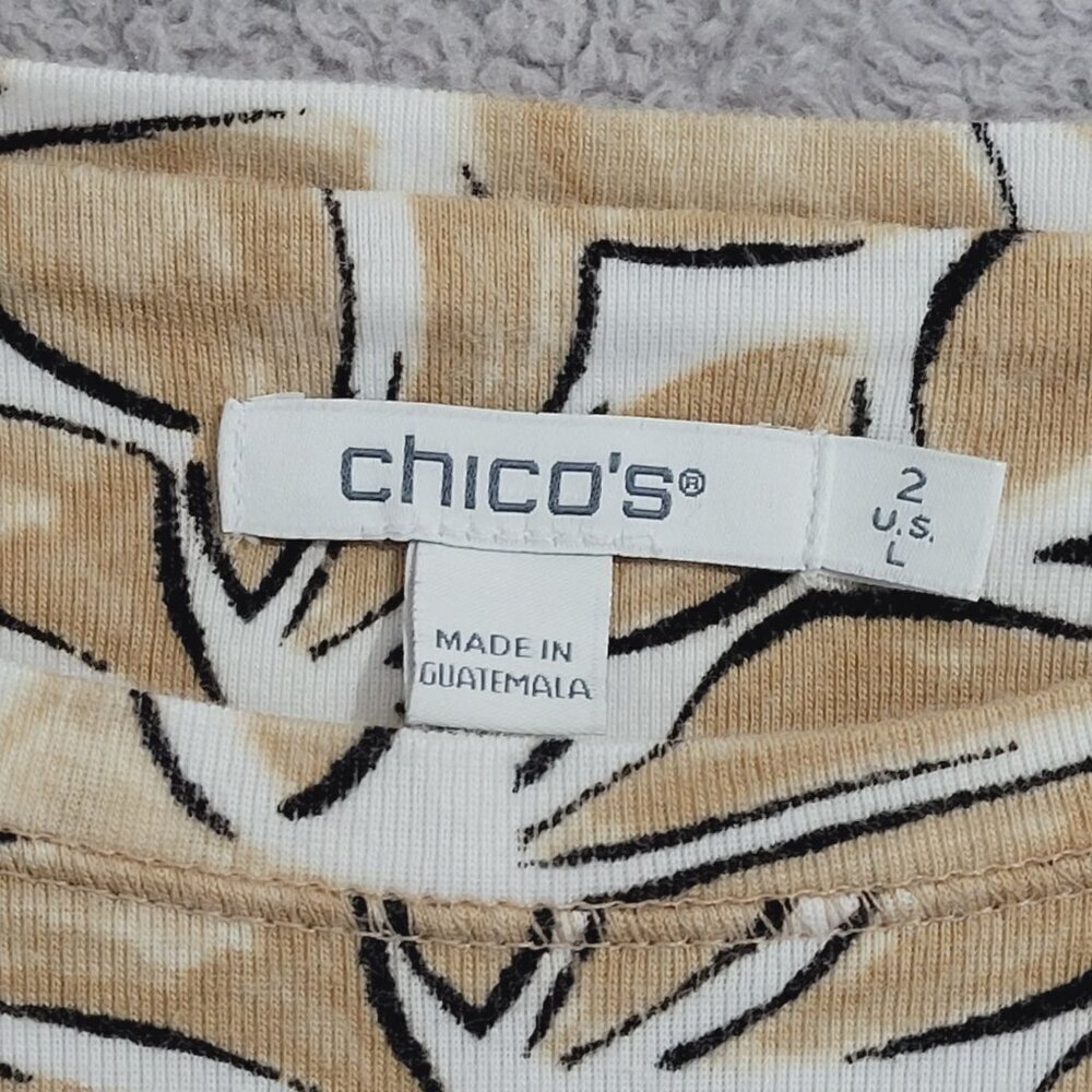 Chico's Womens Leaf Print Top 2/ L Pima Cotton Beige Black JCT - Picture 4 of 6